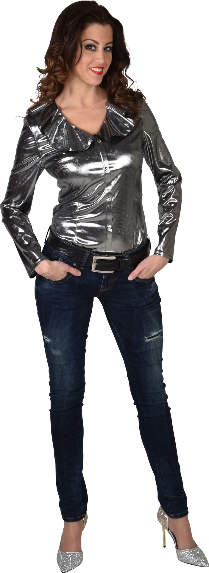 Zilveren glimmende blouse vrouwen