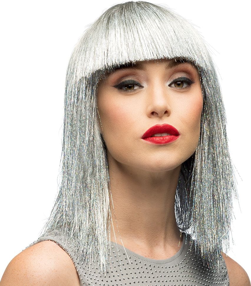 Zilveren Glitter Pruik Kort Pony