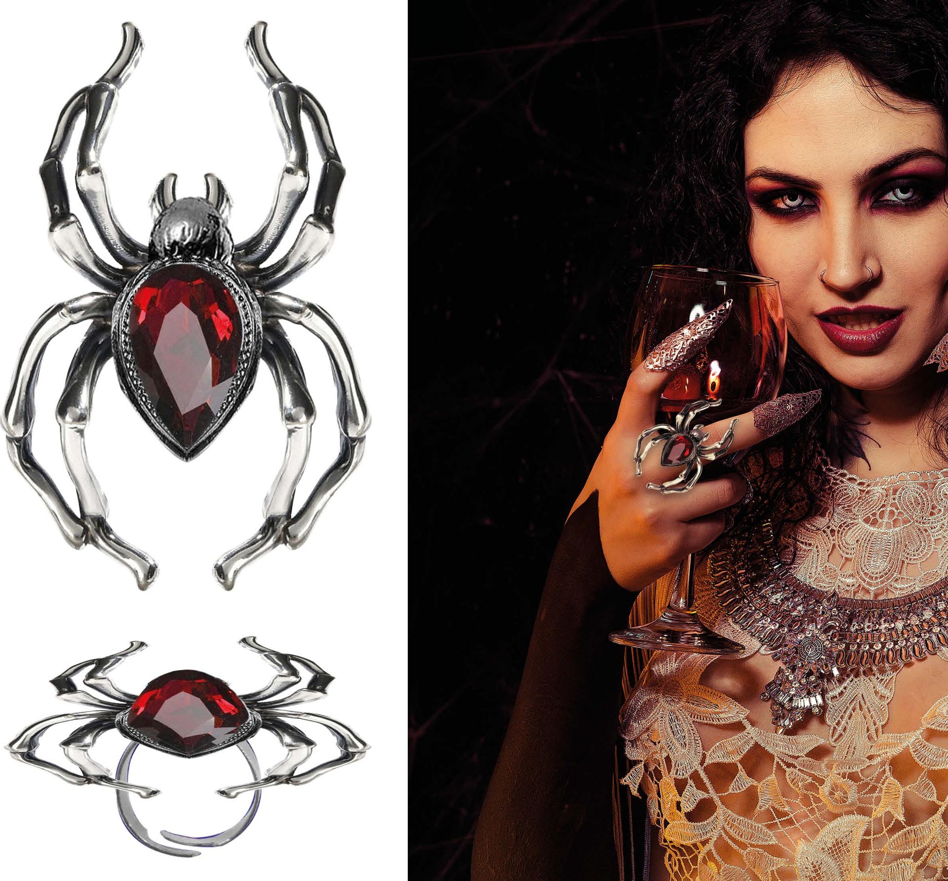 Zilveren spin ring met rode edelsteen halloween