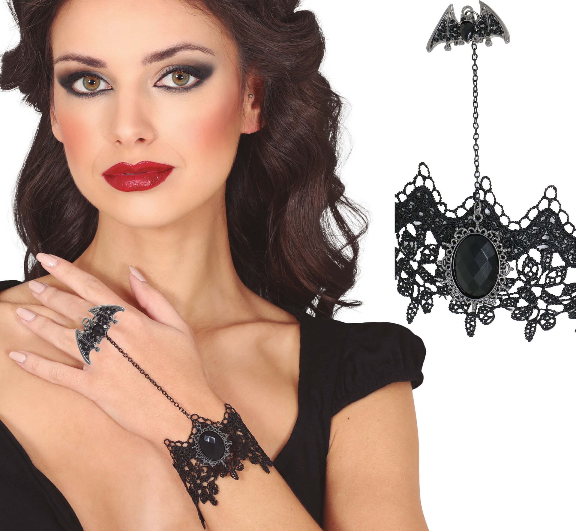 Zwart geborduurde armband met vleermuisring halloween