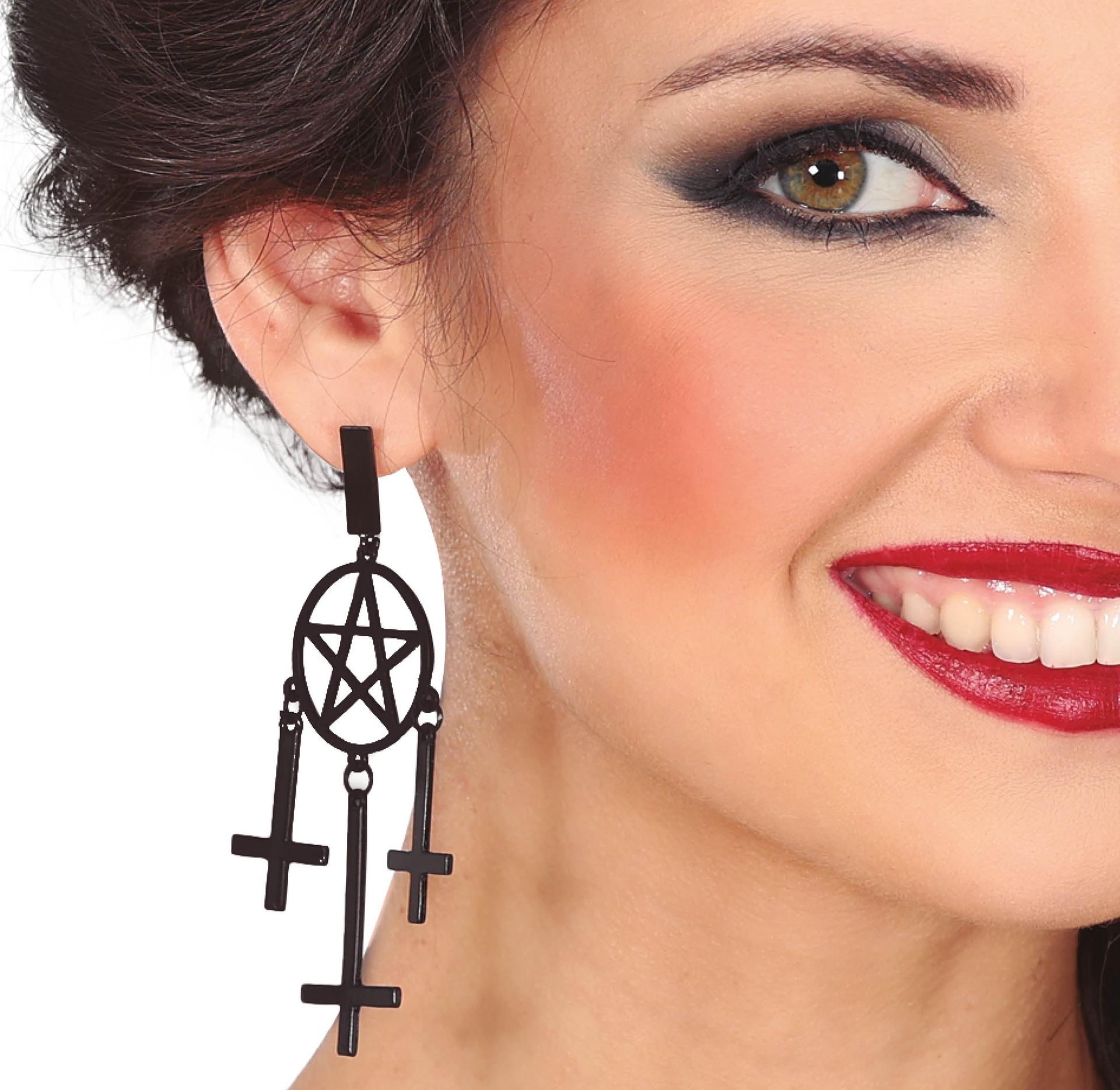 Zwart kruis met pentagram oorbellen 8 cm halloween