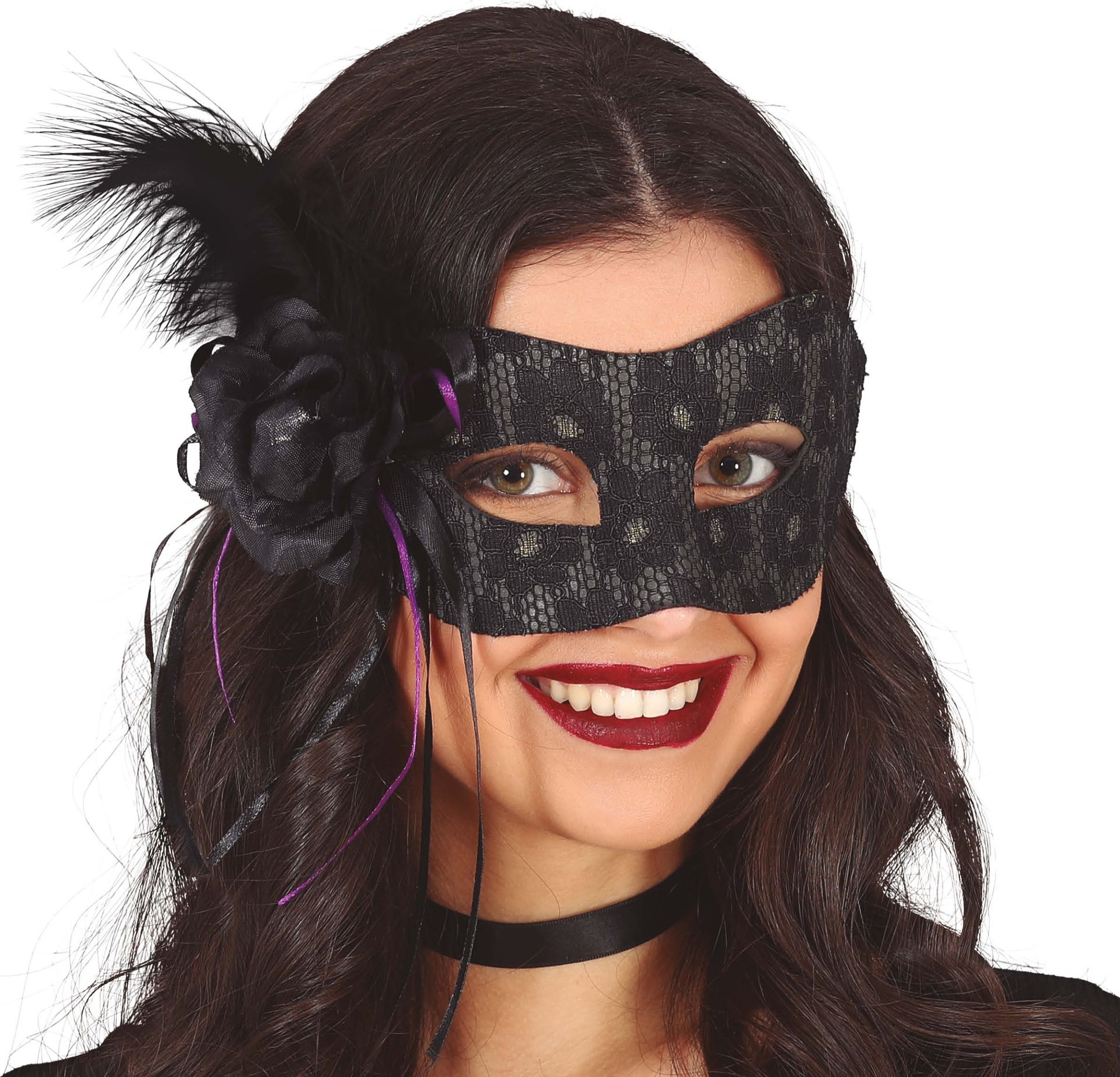 Zwart oogmasker met veer