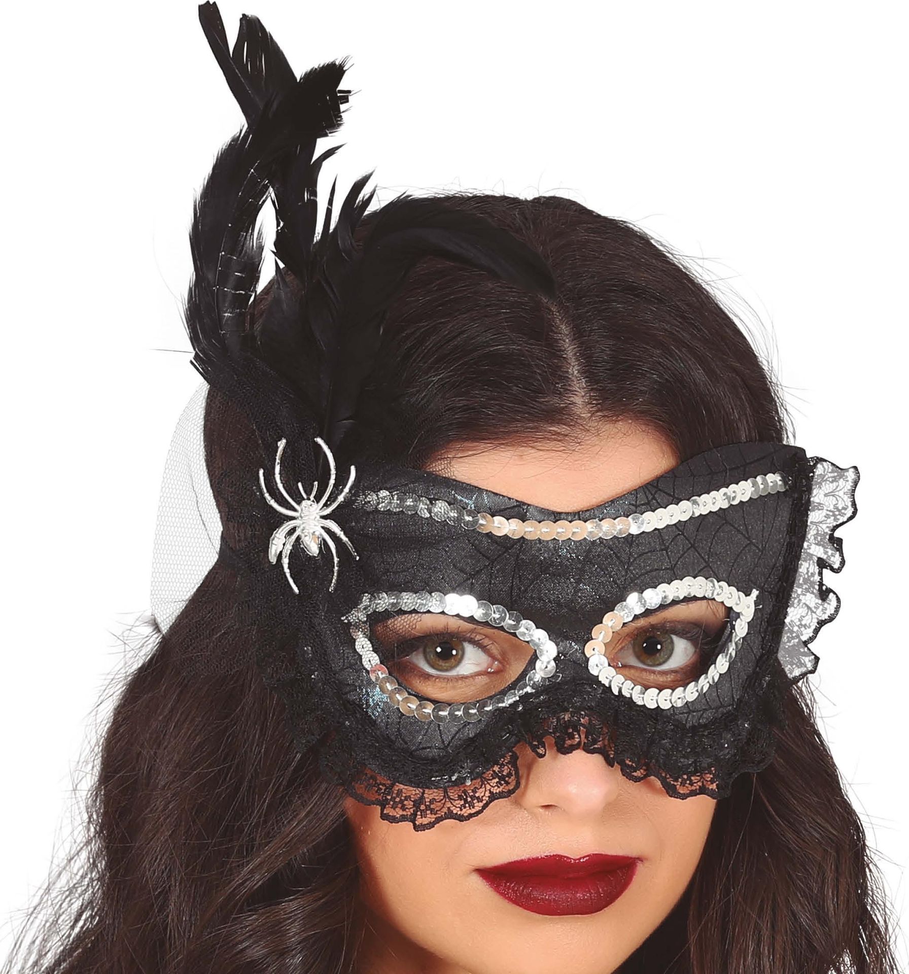 Zwart oogmasker met veer en spin