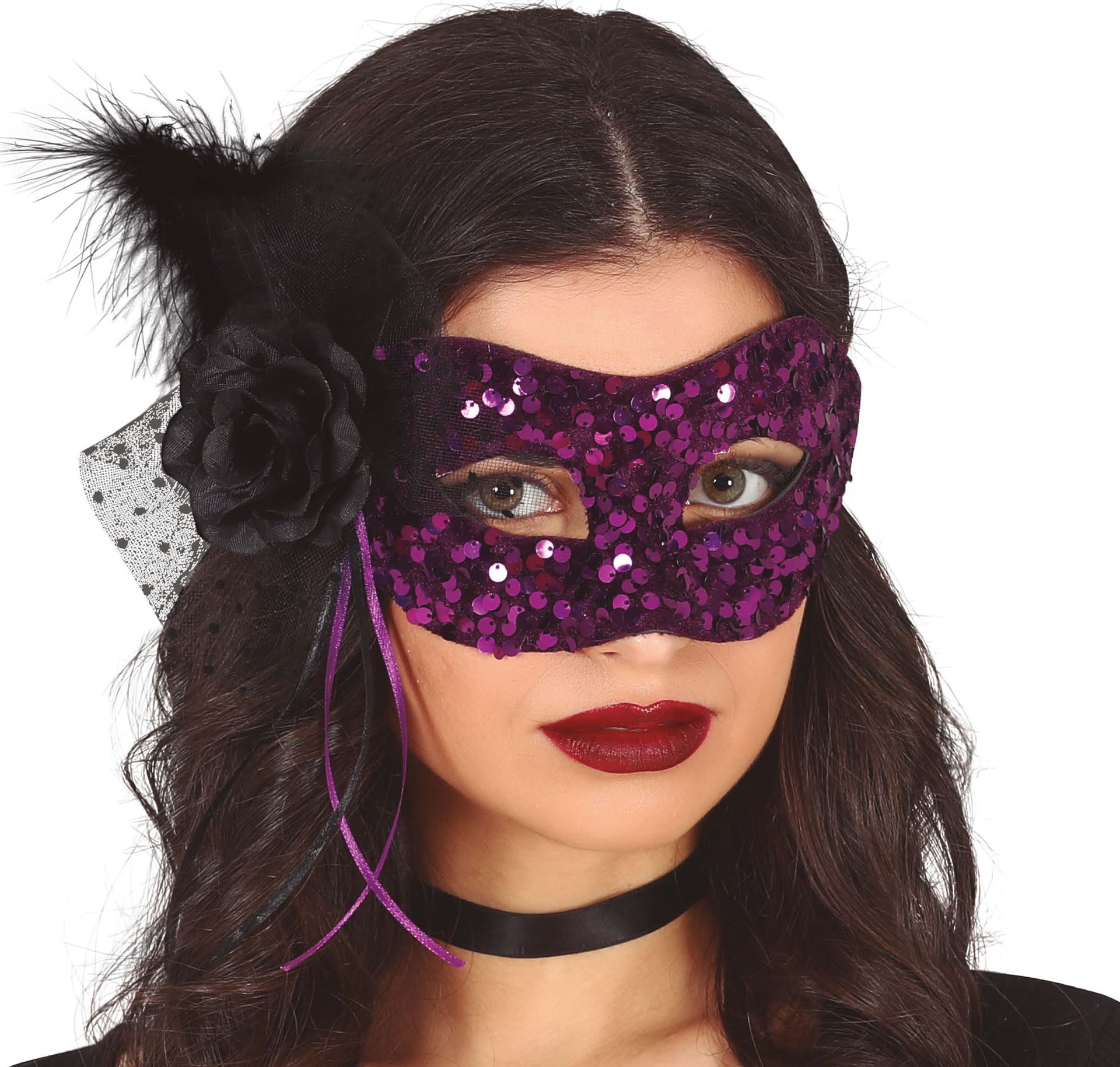 Zwart paars pailletten oogmasker met bloem