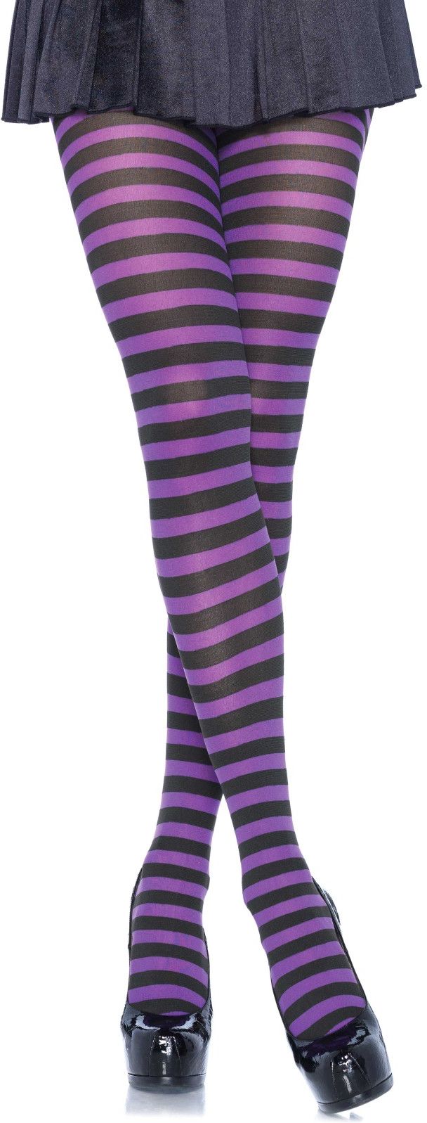 Zwart paarse nylon gestreepte panty