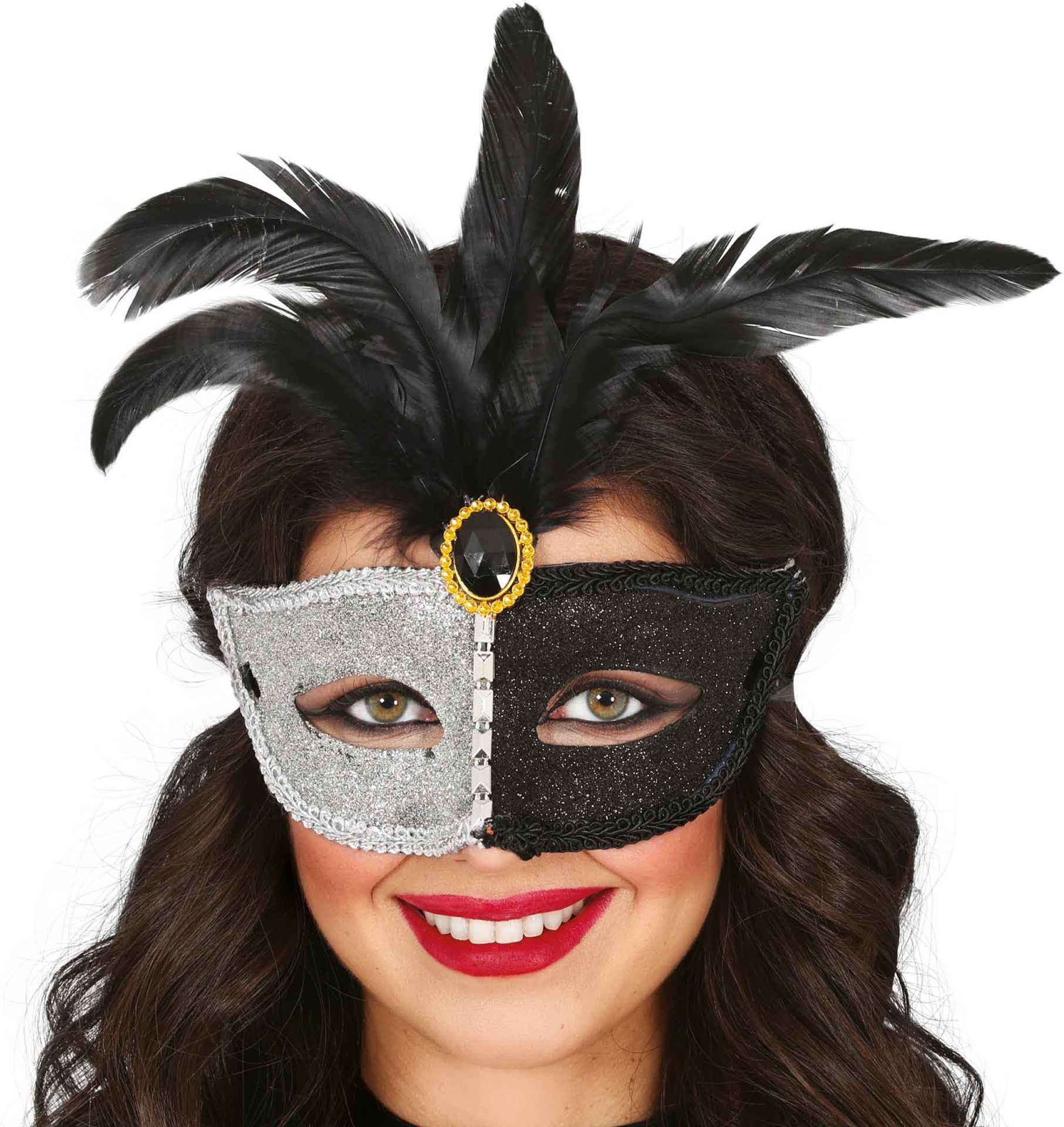 Zwart Wit Venetiaans Carnaval Masker met Veren