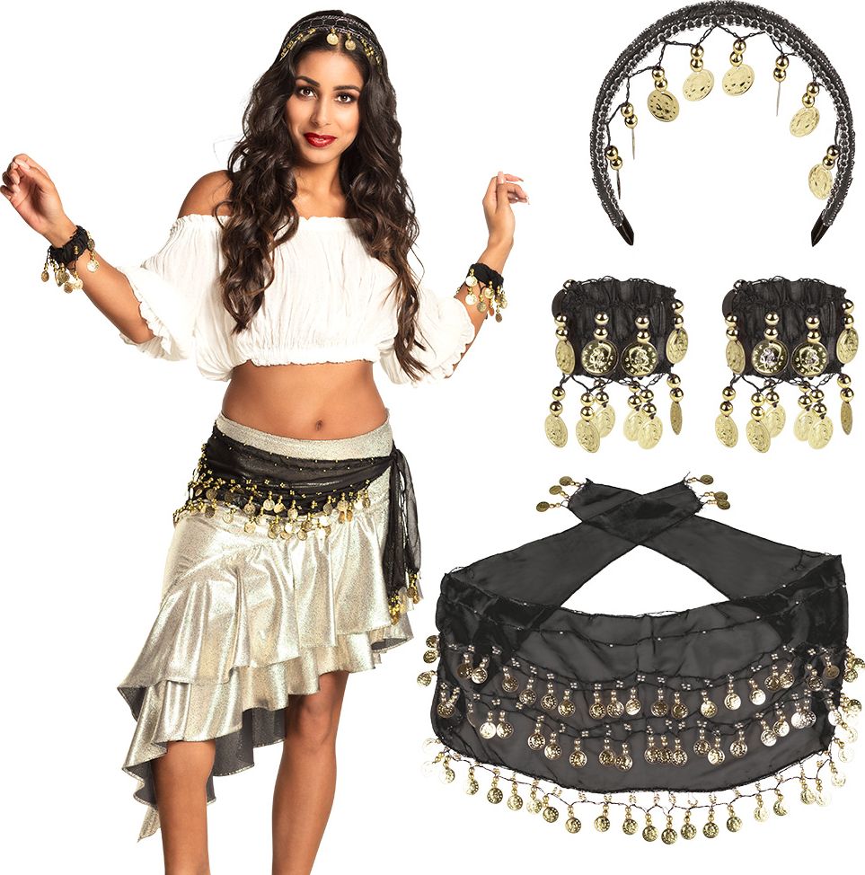 Zwarte buikdanseres accessoires set met muntjes