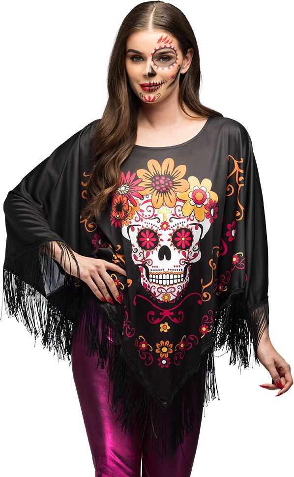 Zwarte Dia de Los Muertos Poncho