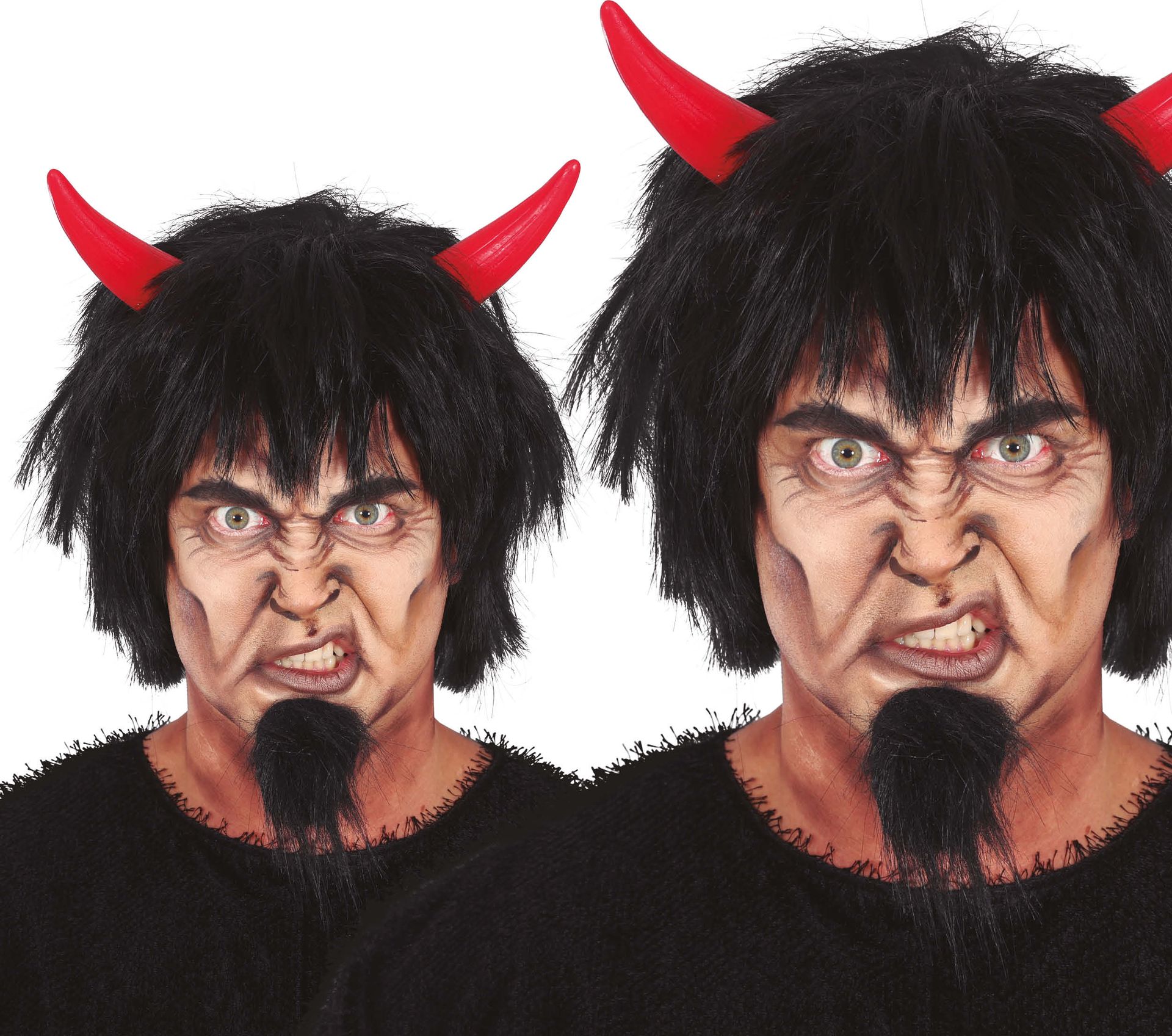 Zwarte duivel pruik met rode horens halloween