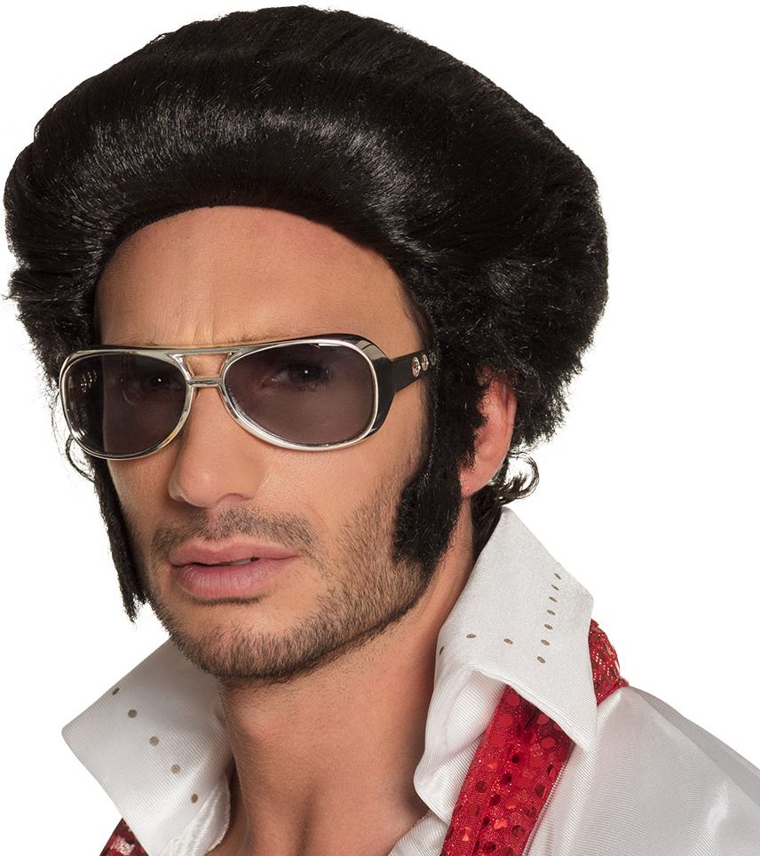 Zwarte Elvis pruik met bakkebaarden