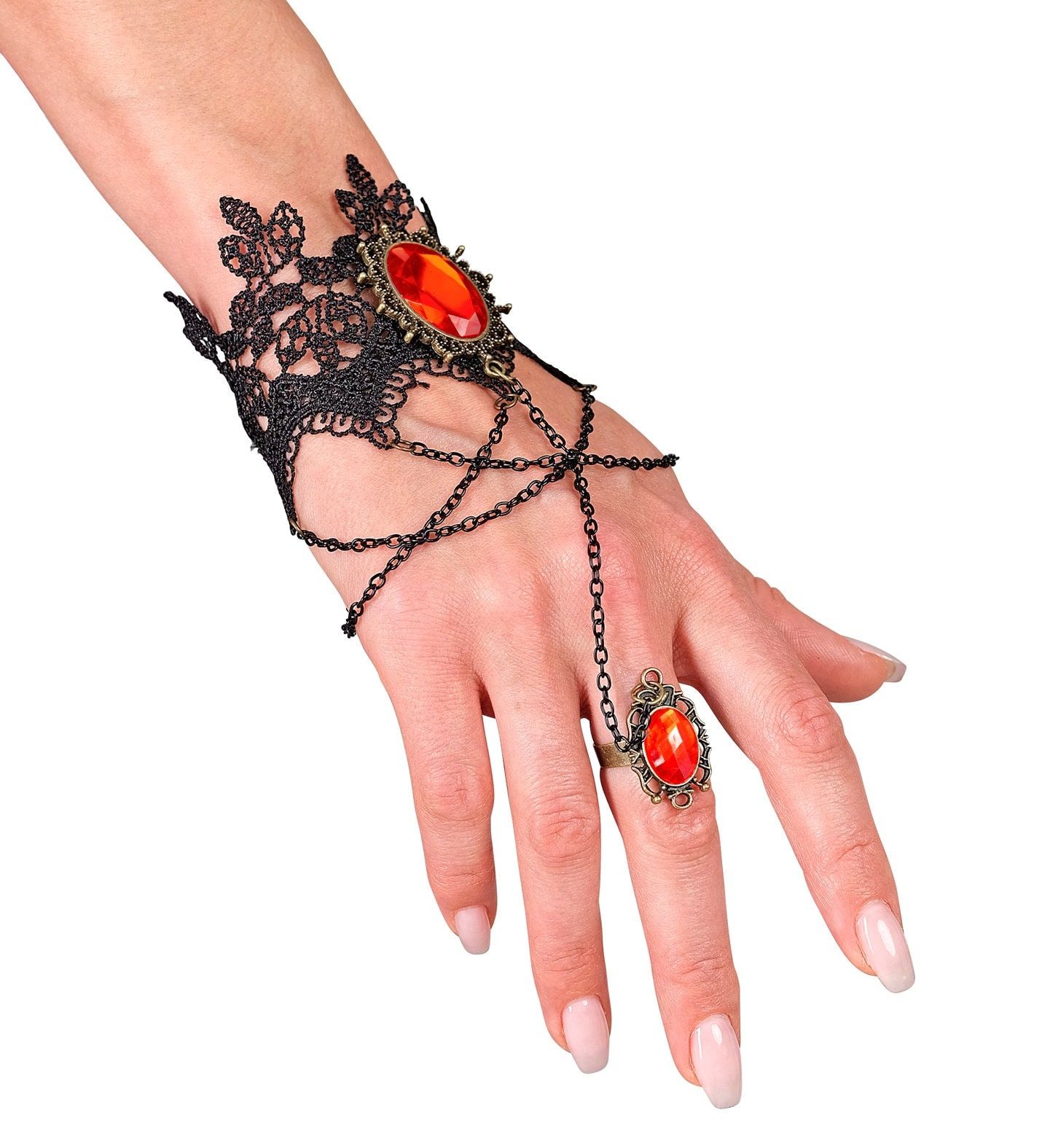 Zwarte Fantasie Armband Ring en Rode Juweeltjes
