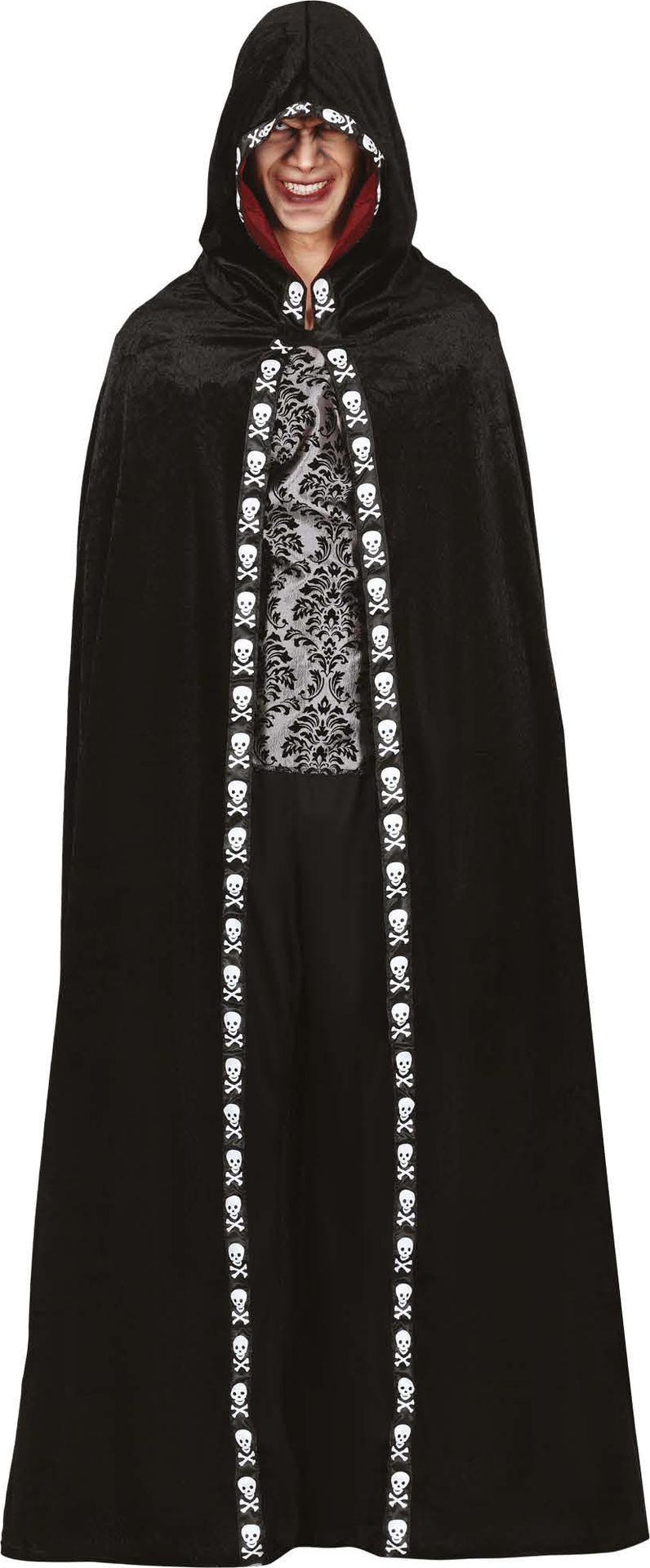 Zwarte fluwelen doodshoofd cape met capuchon 150 cm halloween