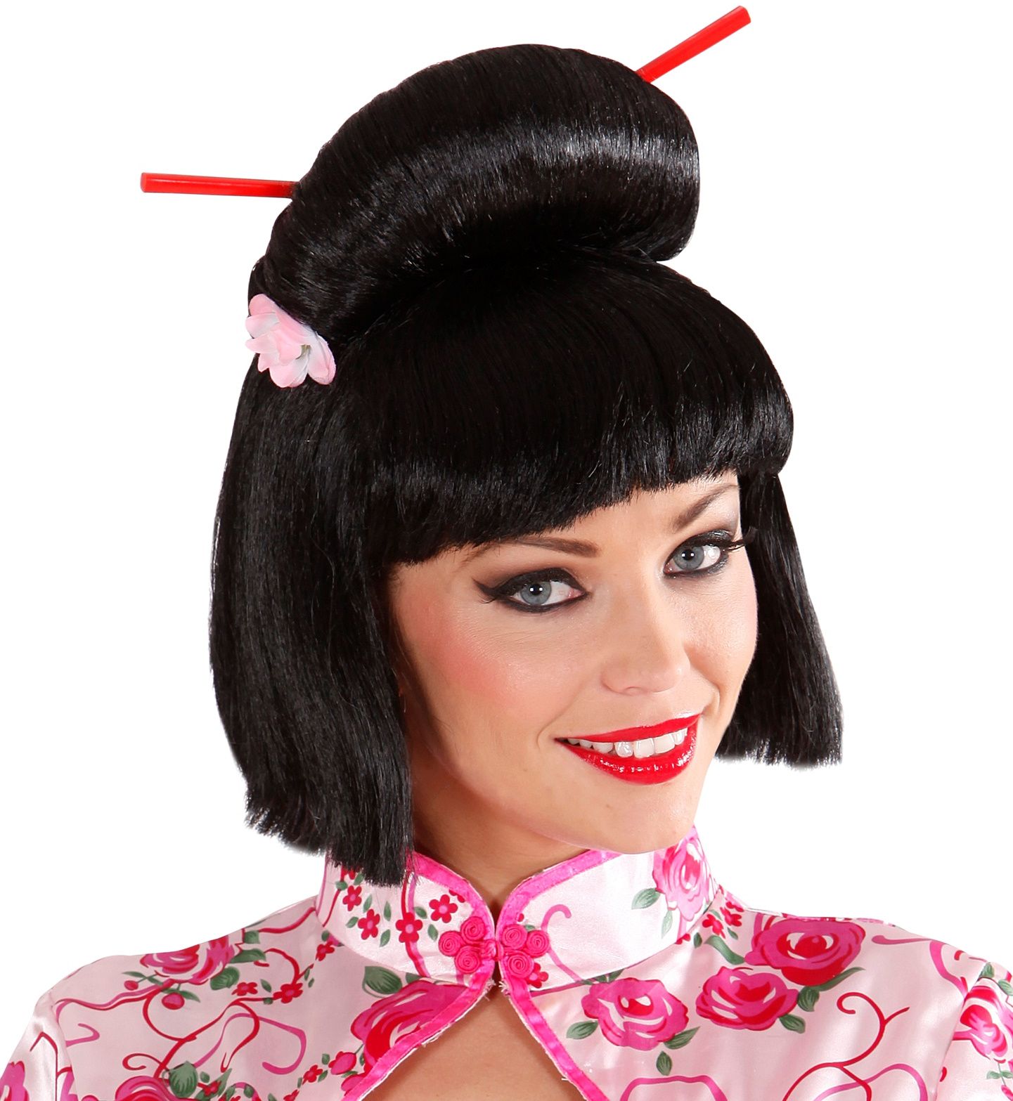 Zwarte Geisha pruik met bloem en chopsticks