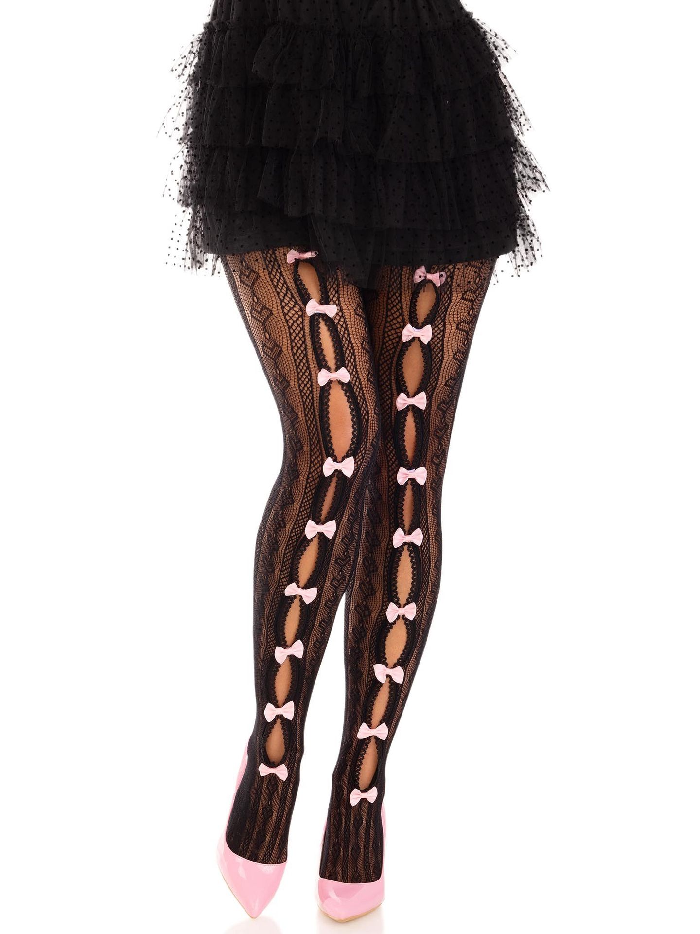 Zwarte gestreepte netpanty met roze strikjes dames