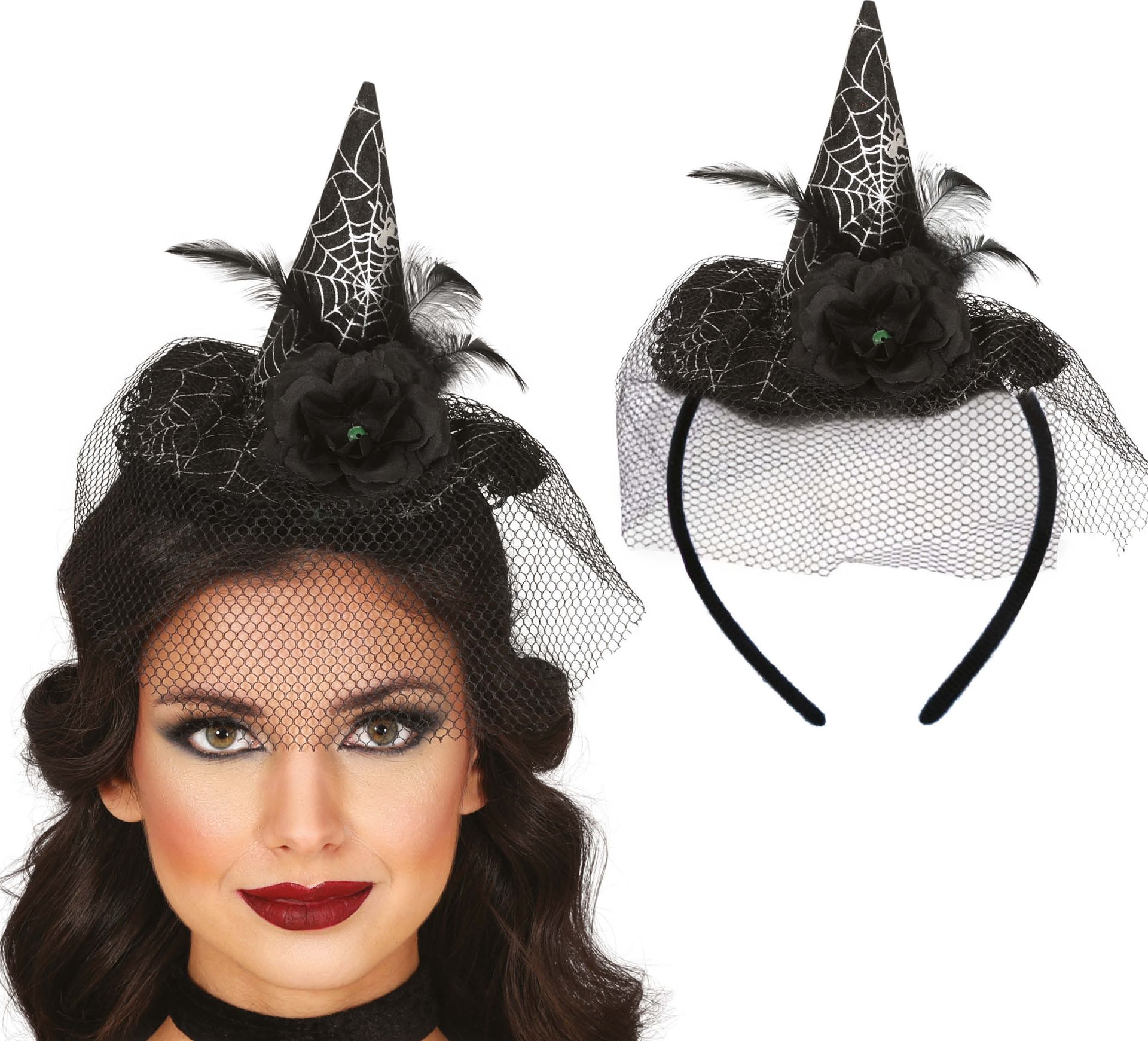 Zwarte heksenhoed haarband met sluier halloween