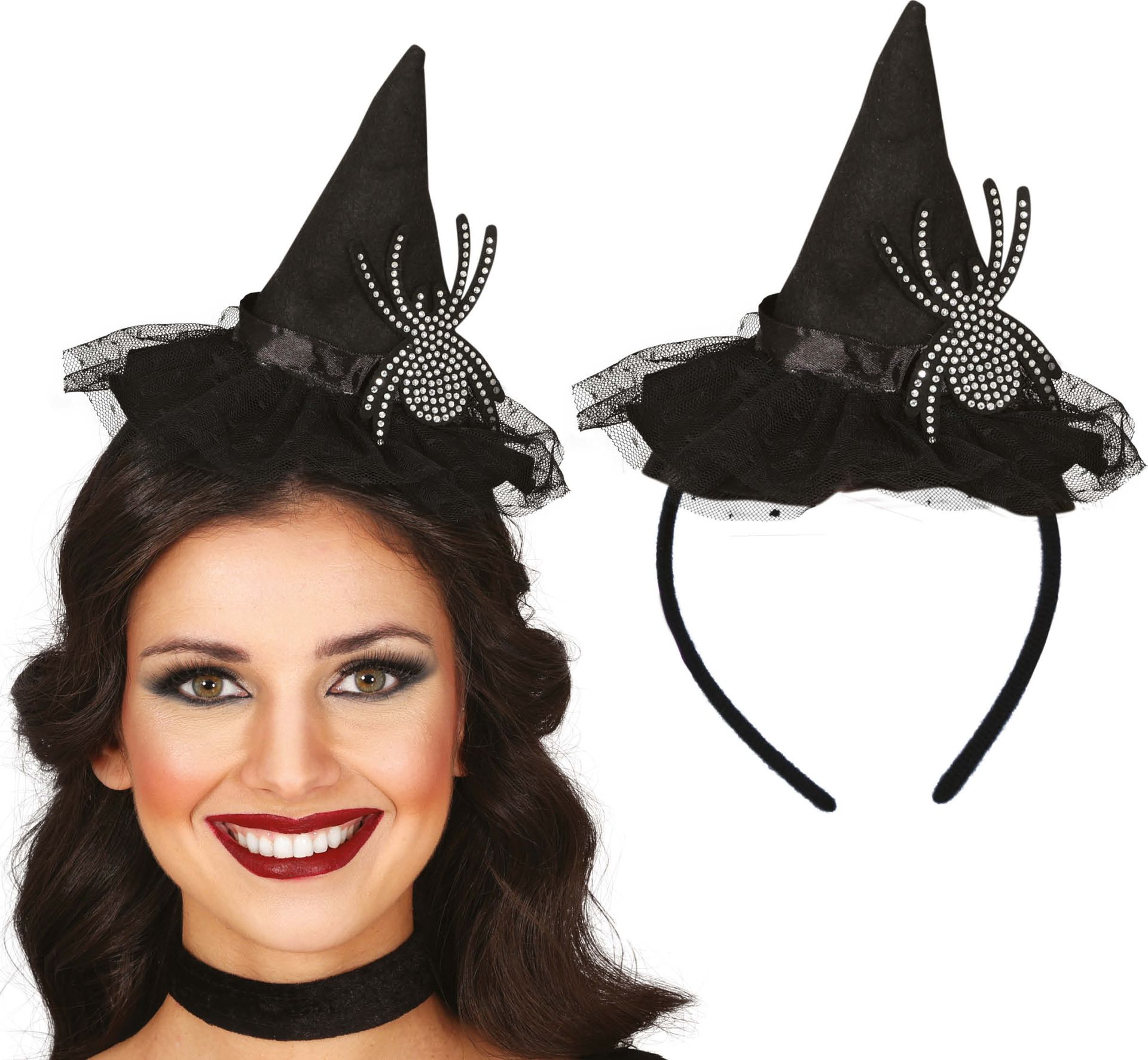 Zwarte heksenhoed haarband met spin halloween