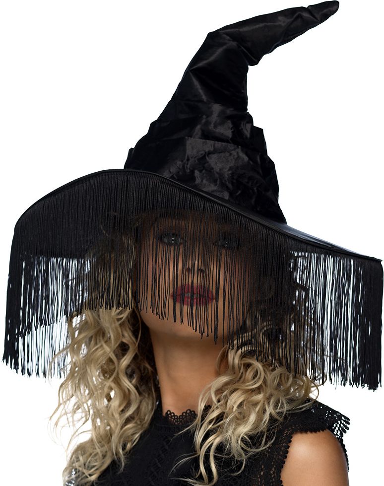 Zwarte Heksenhoed met Franjes