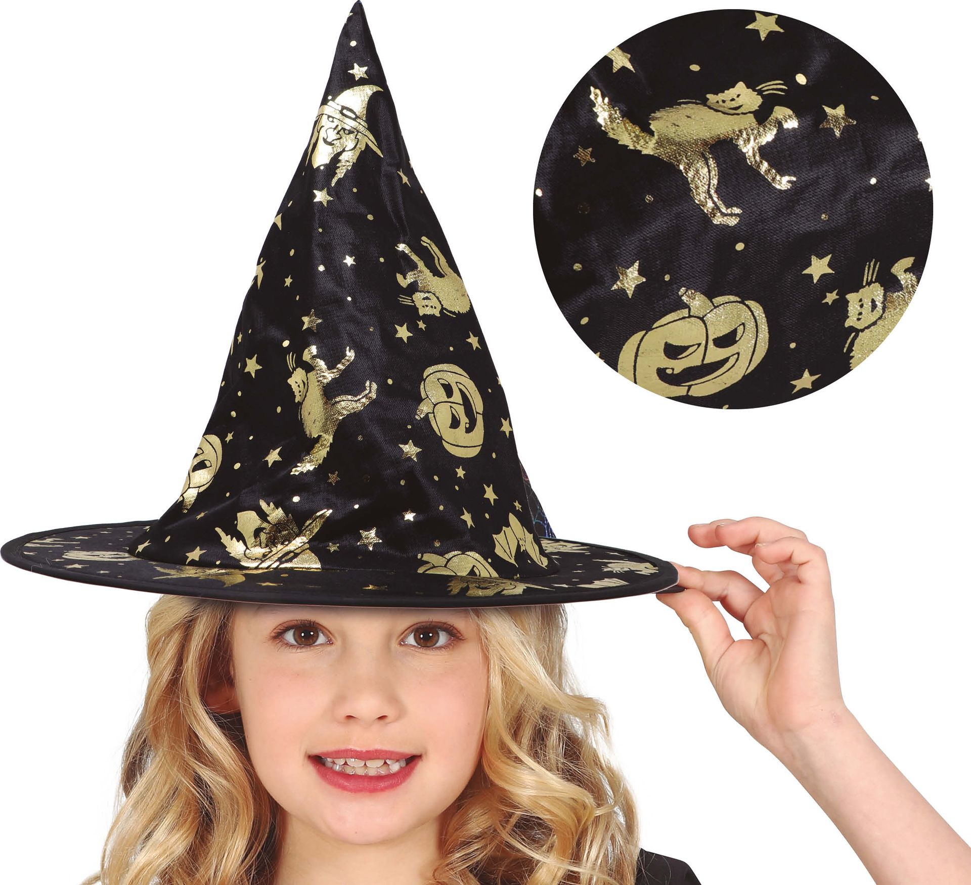 Zwarte heksenhoed met gouden halloween figuren kind