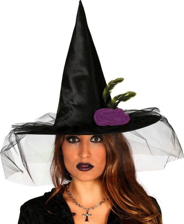Zwarte heksenhoed met sluier halloween