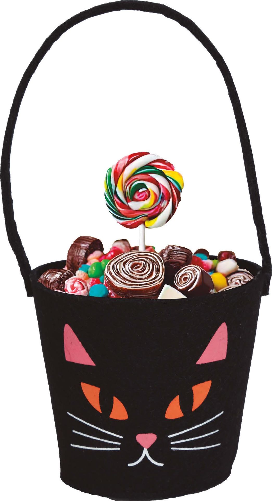 Zwarte kat snoepemmer met hendel vilt halloween