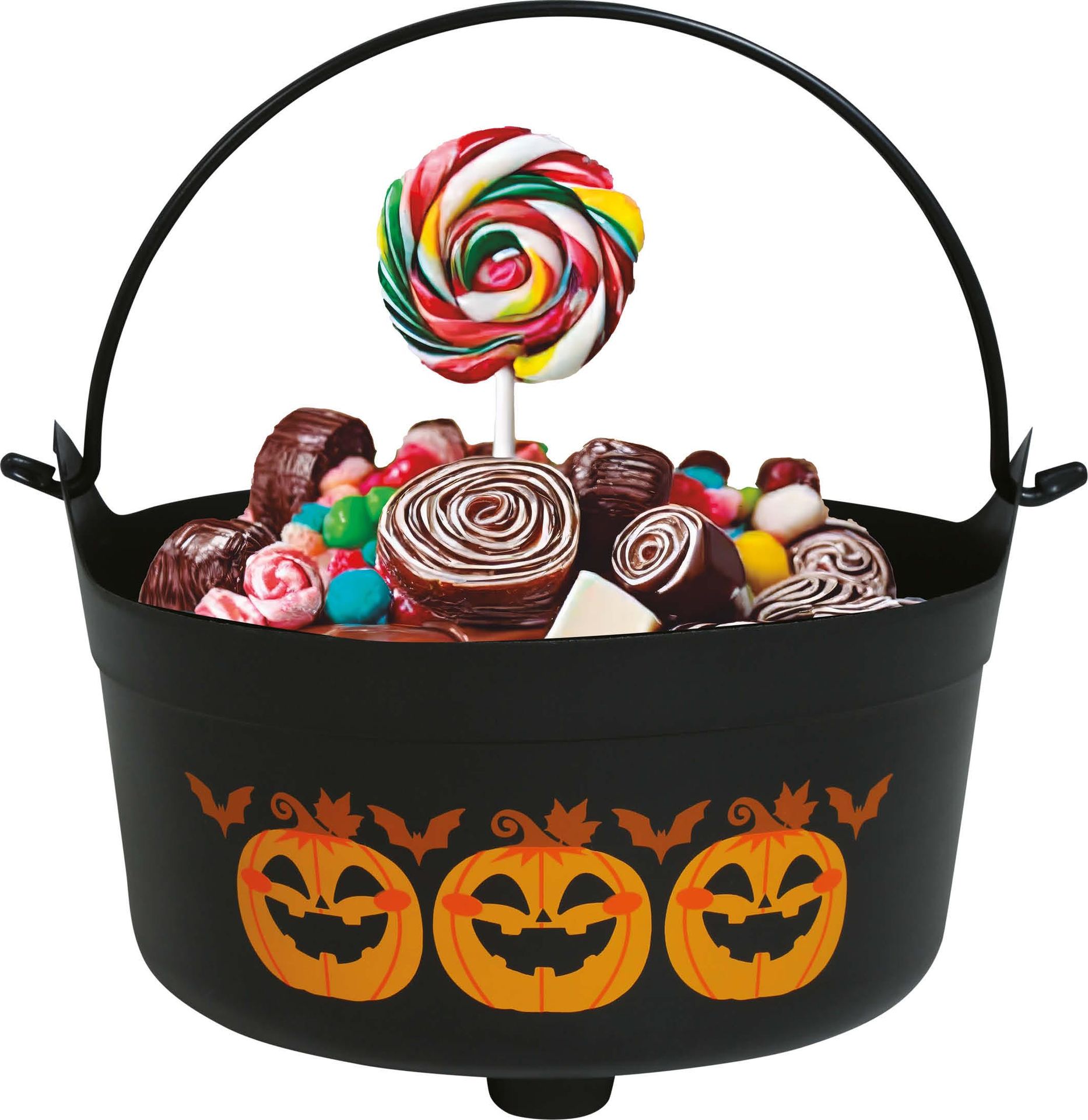 Zwarte pompoen snoepketel met hendel 24 x 23 x 15 cm halloween