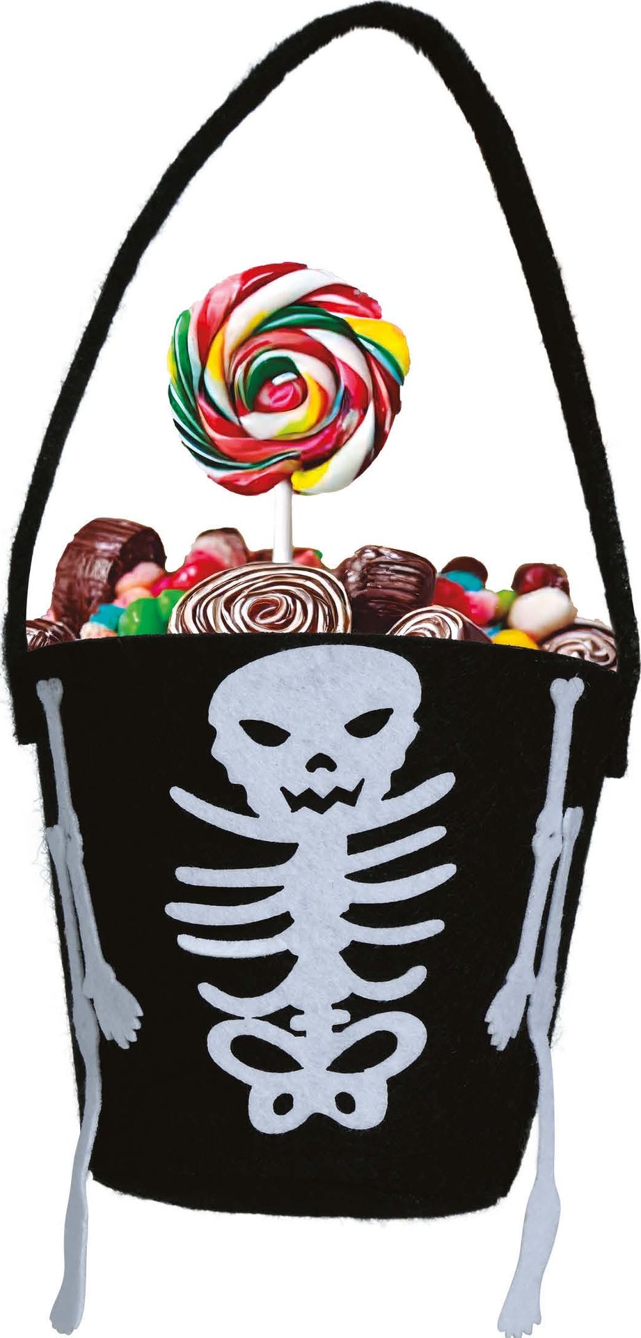 Zwarte skelet snoepemmer met hendel vilt halloween