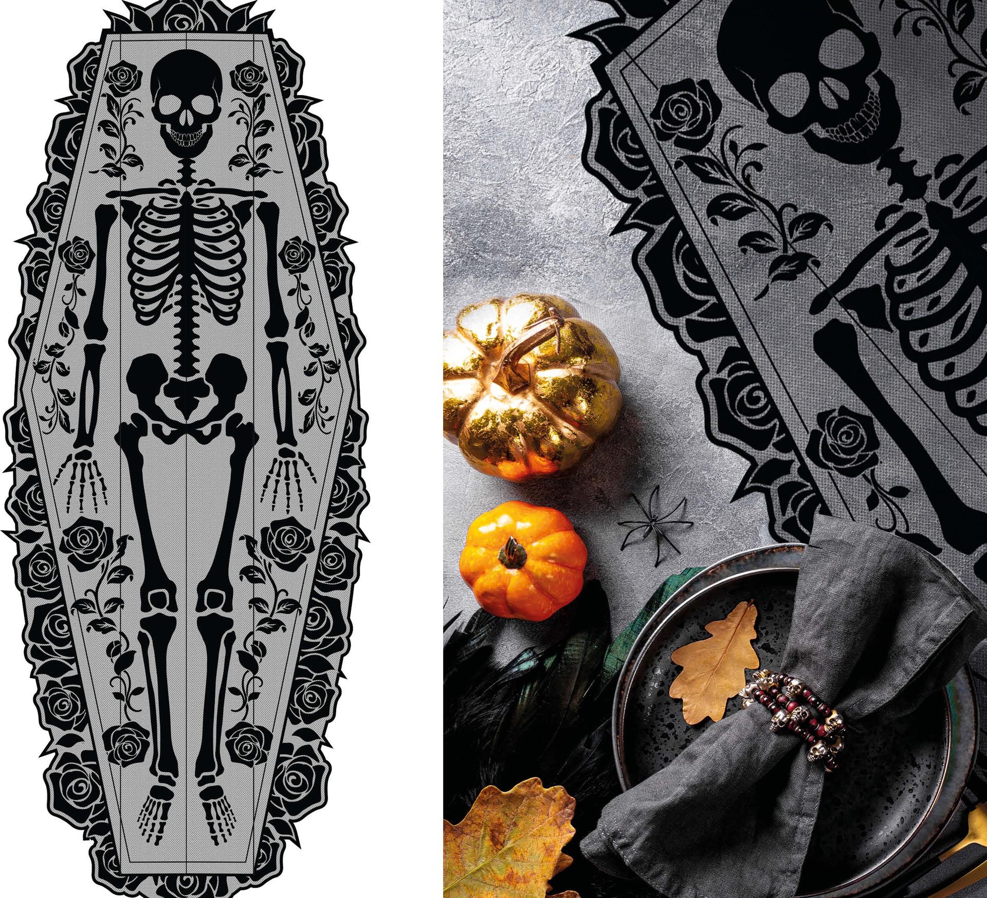 Zwarte tafelloper skelet doodskist 183 x 60 cm halloween