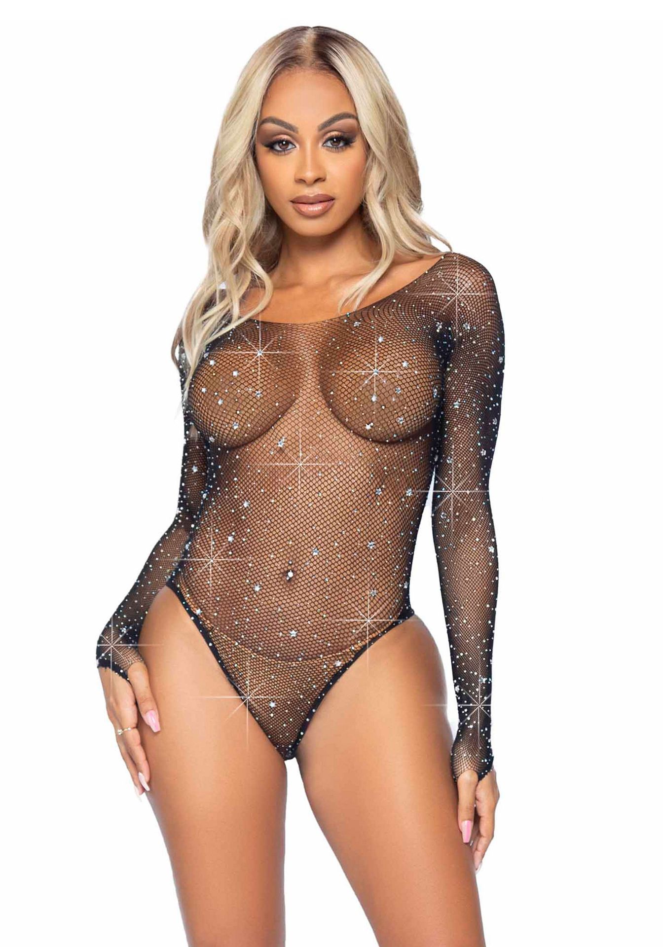 Zwarte visnetbodysuit met diamant dames