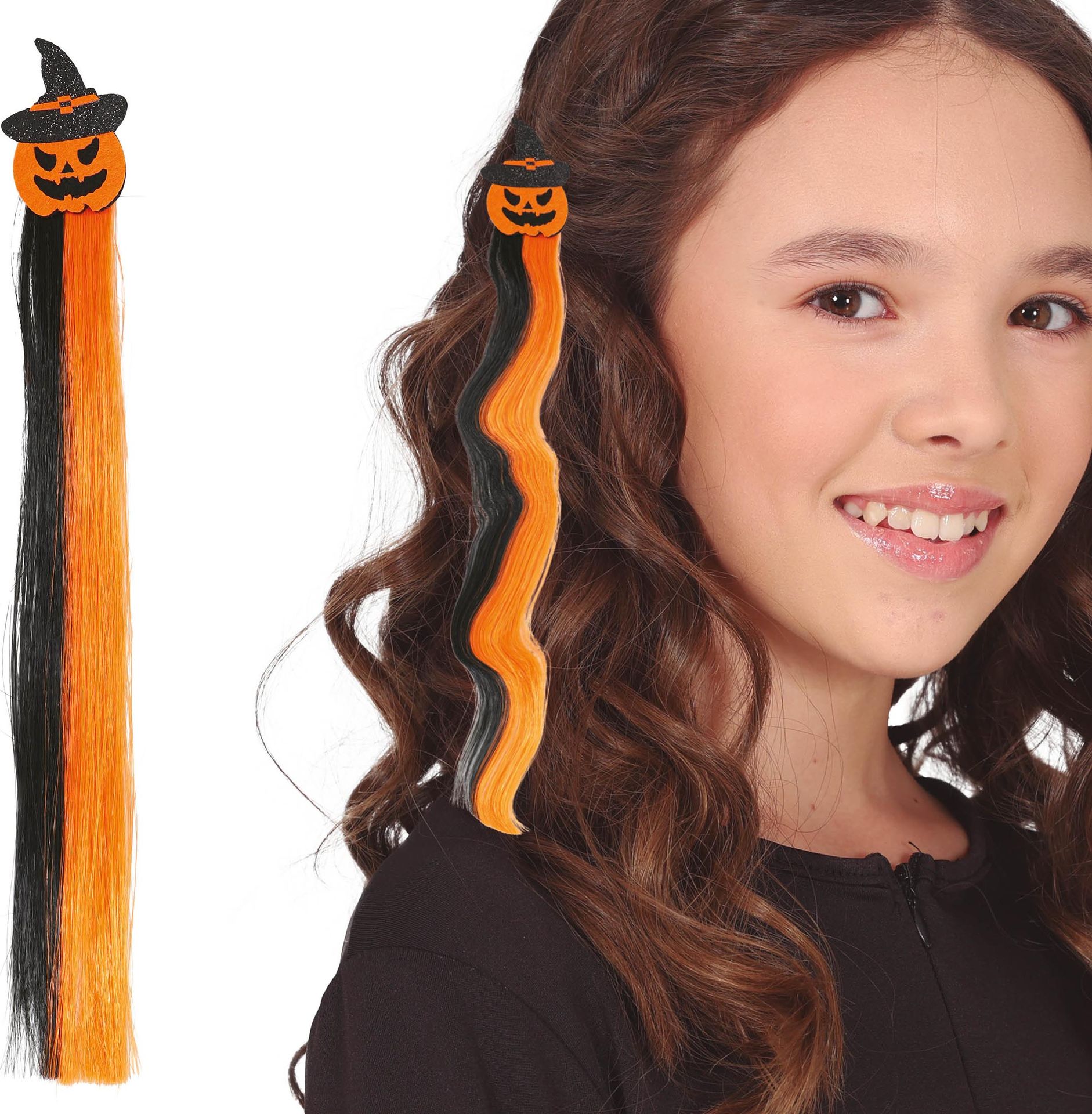 Zwart/oranje hair extension clip pompoen 40 cm halloween