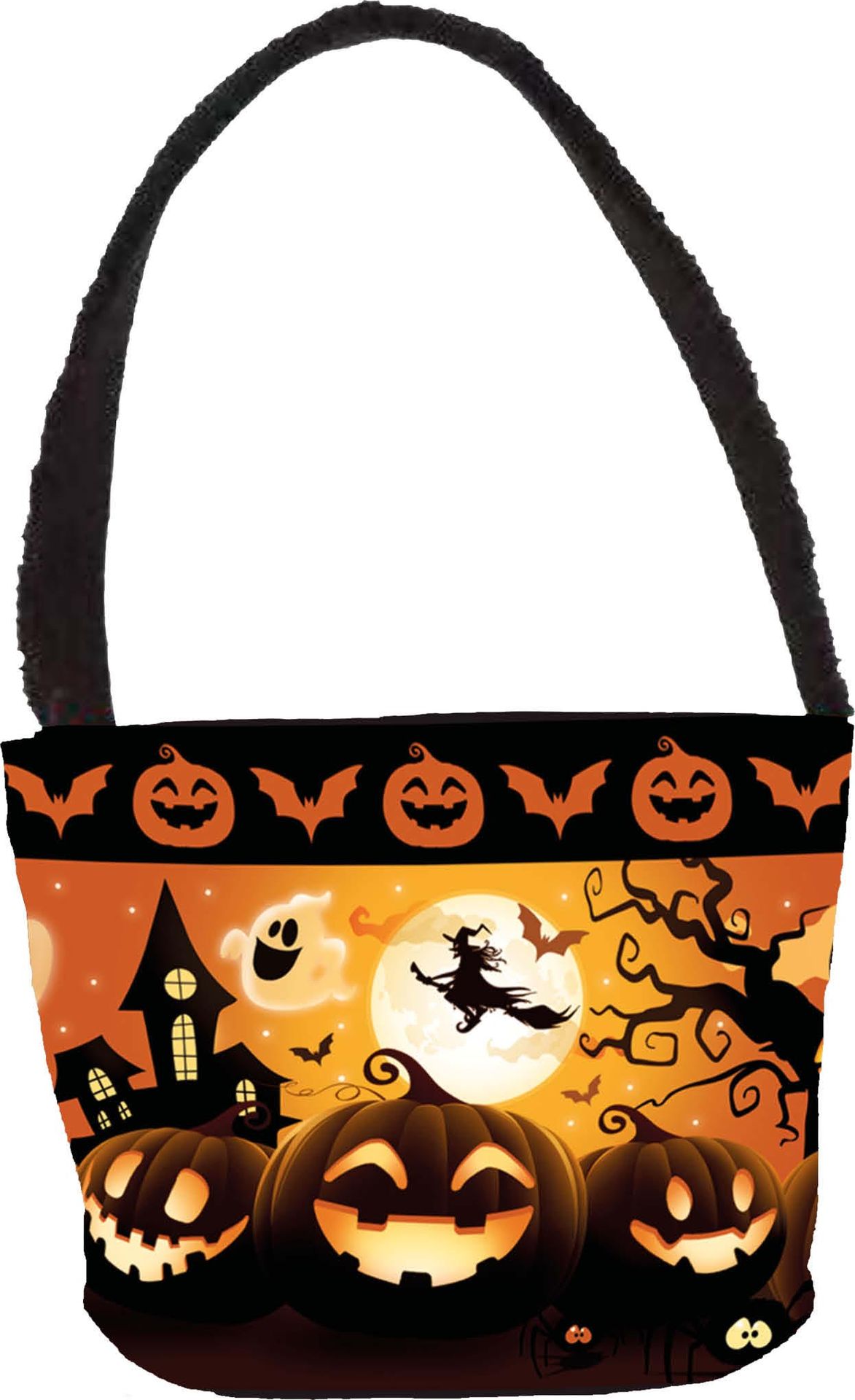 Zwart/oranje snoepemmer vrolijke pompoenen met hendel 30 x 15 cm halloween
