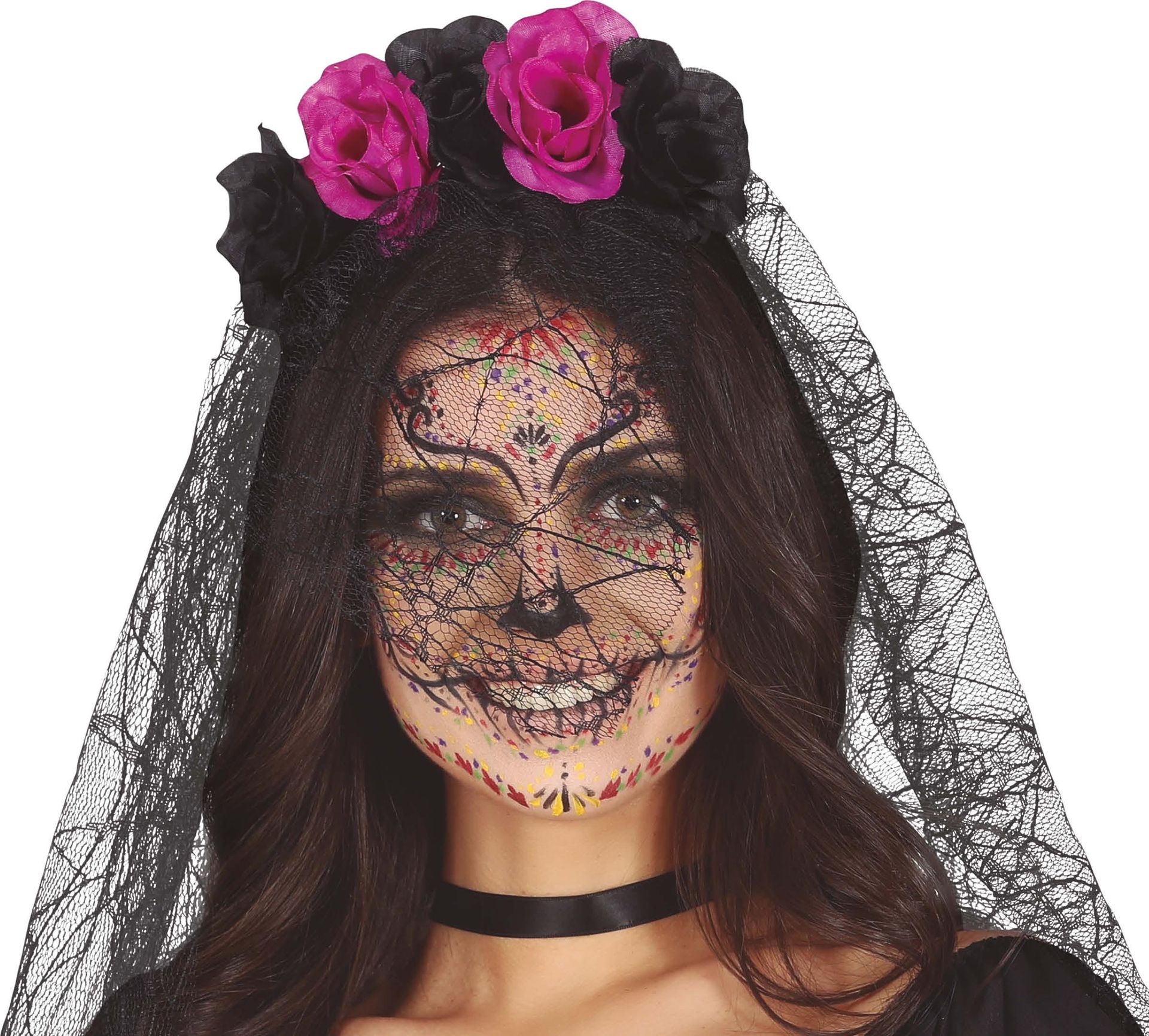 Zwart/paarse bloemen diadeem met sluier