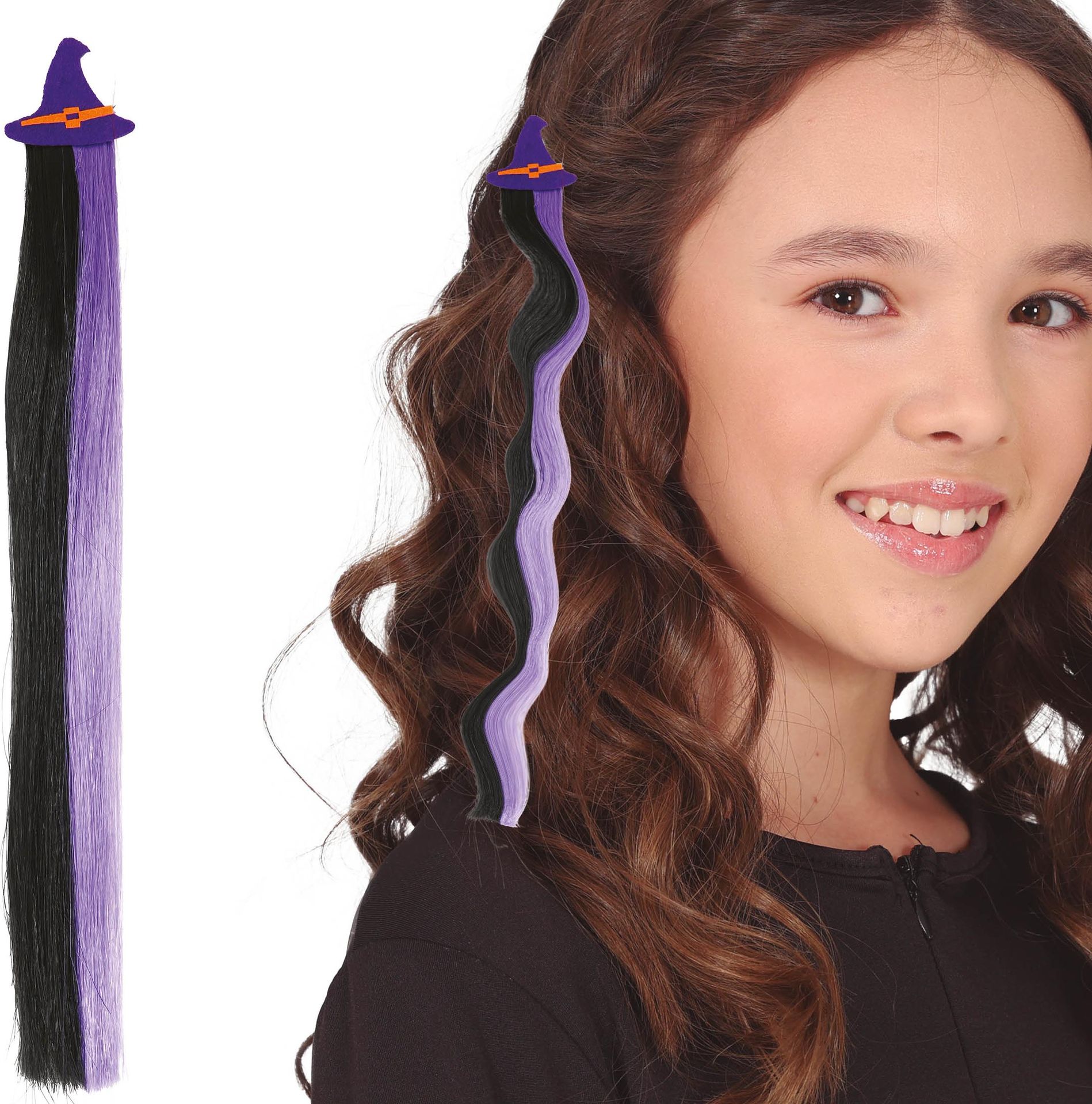 Zwart/paarse hair extension clip heksenhoed 40 cm halloween