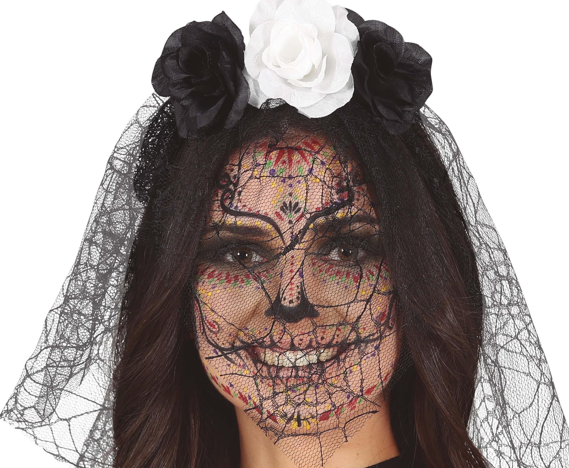 Zwart/witte bloemen diadeem met sluier