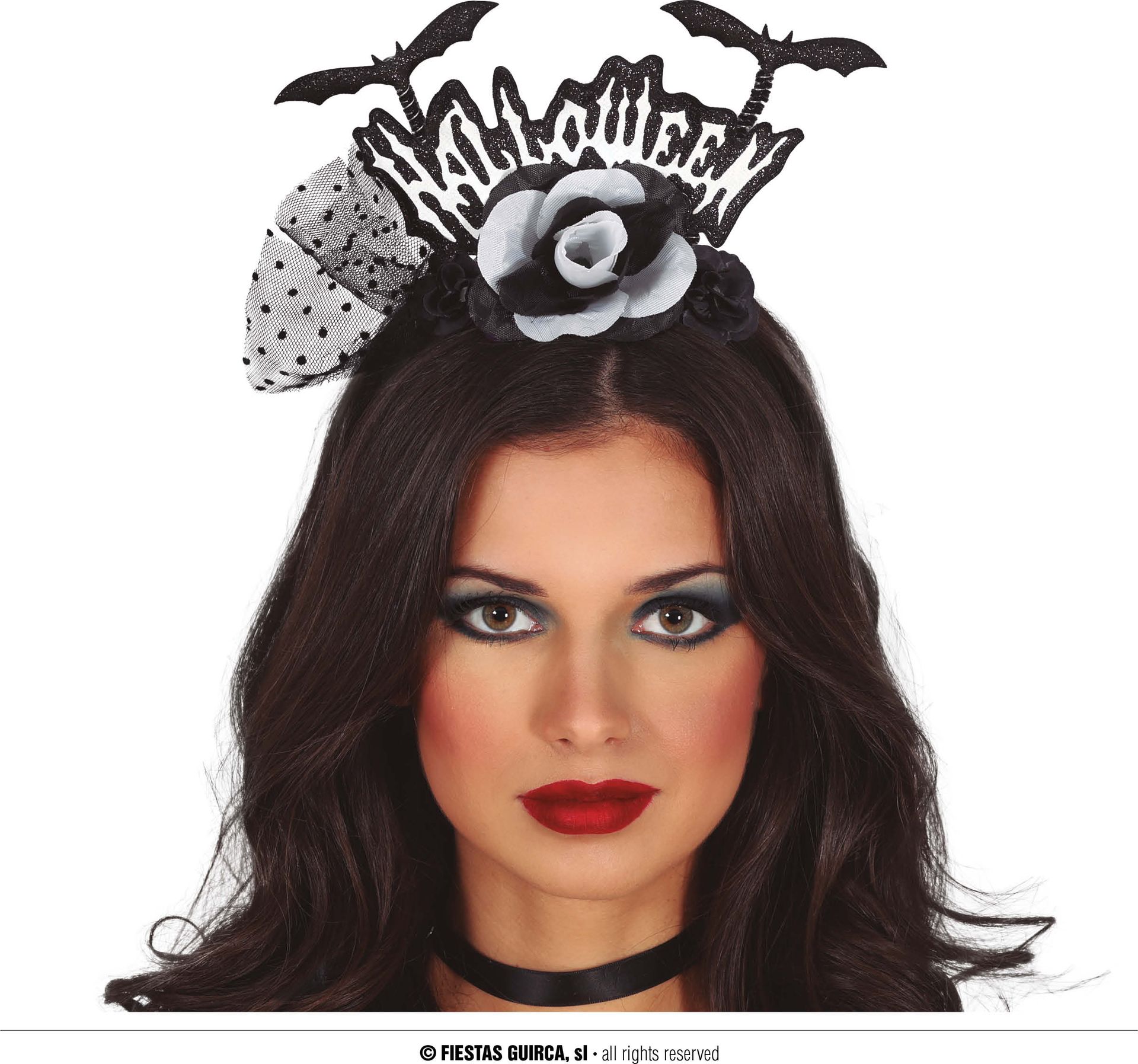 Zwart/witte vleermuis "Halloween" met bloem haarband